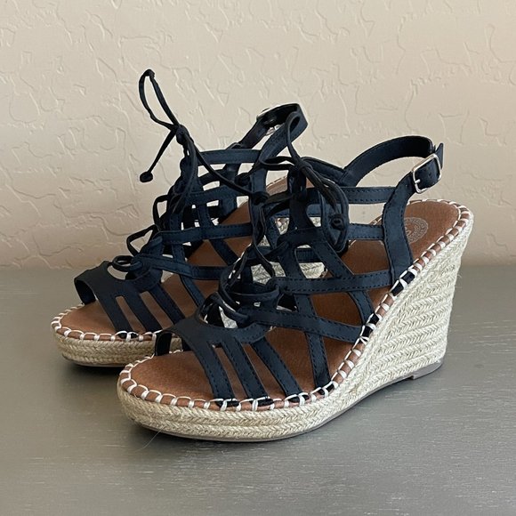 SO Kohls 6 Ketch Black Lace Up Jute Platform Wedge Espadrille Sandals Worn Once! - Picture 2 of 11
